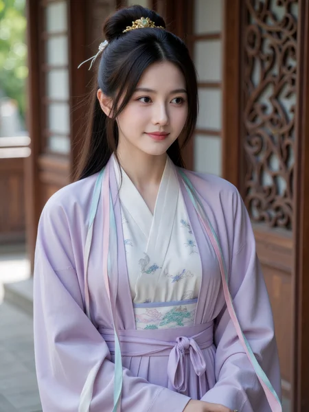 Amid a quiet corner of a classical Chinese courtyard, a young woman stands gracefully, shown from the waist up. She wears a traditional Hanfu with a soft white inner garment wrapped beneath a flowing robe of pale orchid purple. The cross-collar design folds neatly over her chest, where fine embroidery of clouds and phoenix feathers catches the light. Long, slender silk ribbons in shades of rose and teal are tied around her upper sleeves and waist, fluttering gently in the breeze, their motion adding a sense of life to the still composition. Her long black hair is styled into a high bun with loose strands brushing against her cheeks, held in place with an ornate jade hairpin. A faint smile plays on her lips, and her calm gaze drifts slightly to the side. Behind her, a blurred glimpse of carved wood panels and soft garden light frames the scene, emphasizing the serene elegance of her presence.