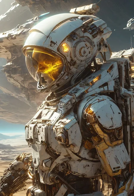An establishing shot of a futuristic spaceship with focus on an extremely detailed panoramic background view of a vast landscape and megastructures on the horizon. Intriguing stunning mysterious epic sci-fi fantasy scene. Hyperrealistic, mixed media, ultra-detailed, ray-traced, award-winning, light leaks, lens flare, (volumetric light scattering), high contrast, implied motion, (deep depth of field), (color graded), (visual flow)
