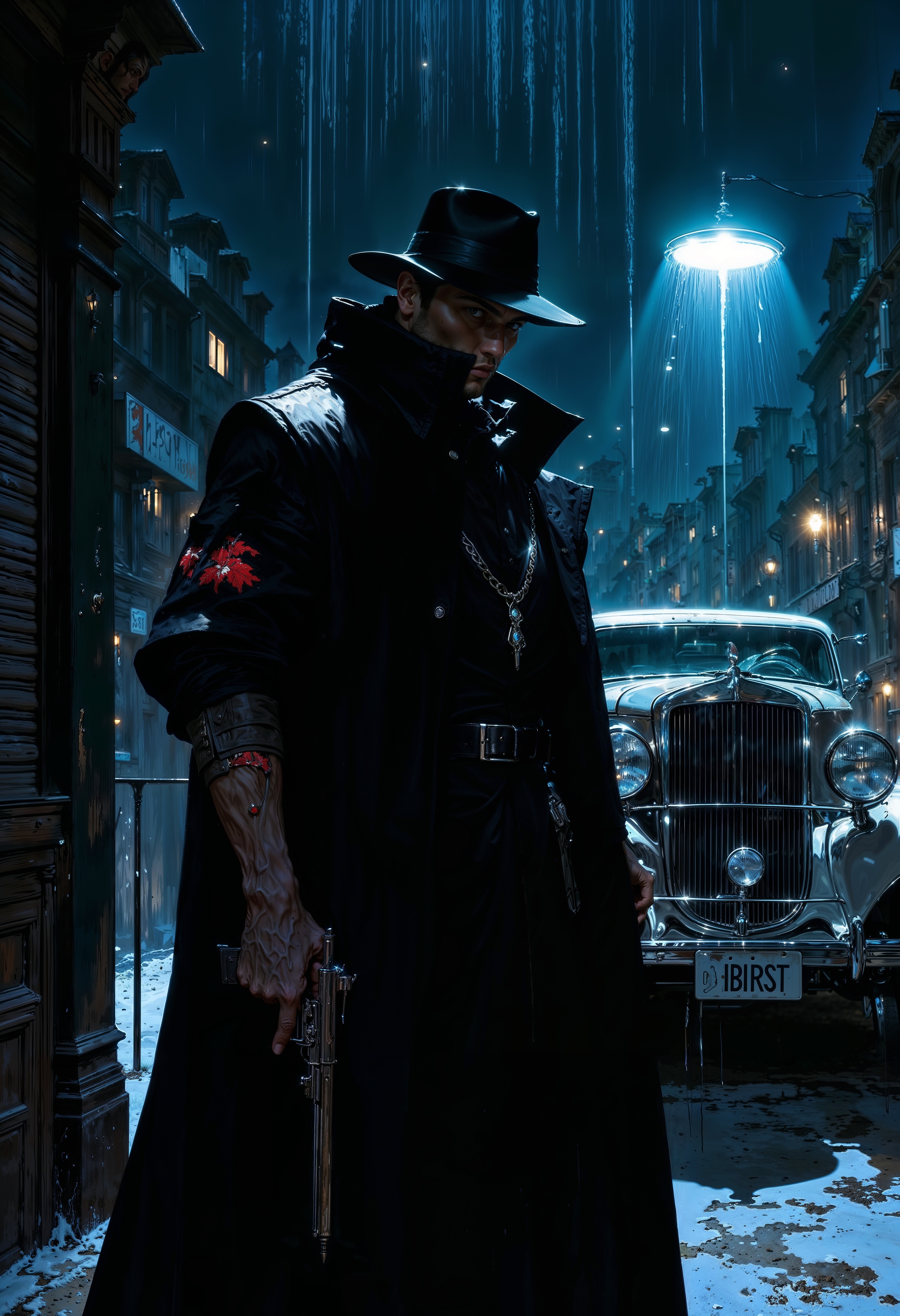 a digital illustration with a Neo Noir style, featuring a dramatic, rain-soaked urban setting. The layout is vertical, focusing on a solitary figure in the foreground. The subject is a man with light skin, wearing a dark trench coat and a fedora, casting a shadow over his face. He holds a gun in his right hand, pointed upwards, and wears a red armband on his left arm. Behind him, a vintage car is partially visible, illuminated by a streetlight that casts a blue hue across the scene. The rain is depicted with streaks of light, enhancing the moody atmosphere. The overall color palette is dark, with shades of blue and black dominating the scene, creating a sense of mystery and tension. detailed, textural, artistic, aesthetic, intricate details, highly detailed, vivid, vibrant, mythp0rt, DB4RZ, DB4RZ style painting <lora:FLUX-daubrez-DB4RZ-v2:0.5> <lora:FluxMythP0rtr4itStyle:0.7> <lora:Elden_Ring_-_Yoshitaka_Amano:0.7> <lora:flux.1_lora_flyway_Epic-detail_v2:0.65> <lora:DarkCore:0.7>