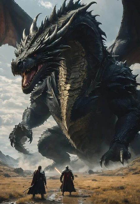 amazing quality, masterpiece, best quality, 8k, extremely detailed, ultra intricate details, UHD, perfect anatomy, (black dragon:1.5), portrait, dof, hyper-realism, majestic, (four heroes, 1Fighter 1druid 1ranger and 1wizard:1.4), awesome vista, inspiring, Capture the thrilling showdown between the four heroes and the colossal dragon boss , Bosstyle, the heroes on a muddly field look up as humongous black dragon swoops out of the sky towards them, cinematic still, dramatic composition, (realistic shadows, realistic lighting, realistic detailed textures:1.2), national geographic style