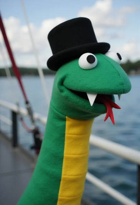 high resolution photo on a yacht of one arm emerging from the bottom with a long hand puppet on them. The hand puppet resembles a green snake with a yellow belly and small eyes on the very top of it's head, tiny fangs, mouth open, tongue out and a comical expression. The felt has stitching and seams that are visible. <lora:Concept_soph-StupidSnekPuppet-ILXL:0.9>. The puppet has a tophat and a single monocle.
