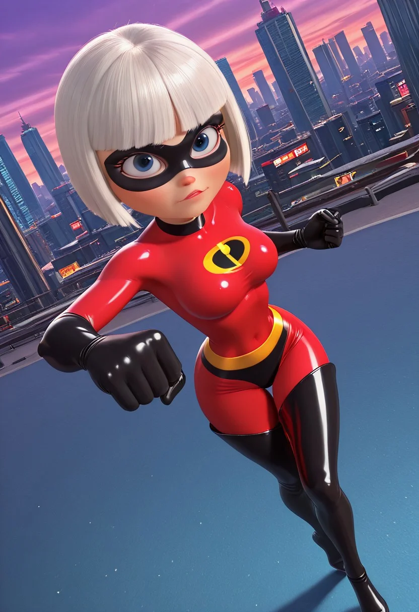 , taffytawir, 18 years old, white hair, bangs covering forehead, blue eyes, short hair, blunt bangs, bob cut, , focused expression, dynamic pose, sexy legs, sexy, Violet Parr cosplay, Violet Parr domino mask, bodysuit, skin tight, black gloves, thigh boots, high heel boots, medium breasts, punching, city background, solo, masterpiece,best quality,amazing quality, athletic body, looking at viewer, dutch angle,