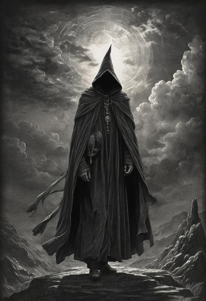 Misty morning, clouds in the sky
Without warning, a wizard walks by
Casting his shadow, weaving his spell
Long grey cloak, tinkling bell
partially covered in shadow, engraving
Mysterious. Dark. Night. Ominous. Highly detailed.