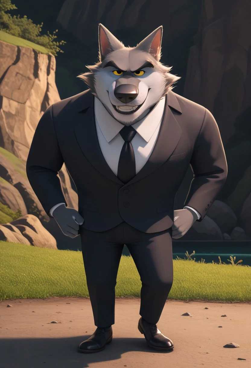 score_9, score_8_up, score_7_up, cartoon_style, ((by BodiPhant0m)), byBodiRDz, 4k, 8k, The best quality, very well drawn, detailed, high quality, detailed, 4k, high resolution, high quality, high resolution, outdoors, furry character, canine, 2d, solo, against the backdrop of the river, 
rockdog, linnux,
style rock dog, movie style, style[rockdog], rockdog, male, gray wolf, wolf boy, wolf, linnux,
(short) and fat, they wear dark suits with black ties, dark gray fur, a light gray muzzle and yellow eyes
(sexy), naked, exposed, easynegative, Split Lighting style, partially covered in shadow,
hands on hips, evil smile, (angry), (smile), (laughter),