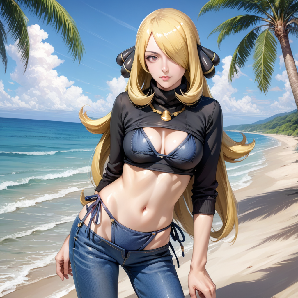 artist style:Urushihara Satoshi, source_hentai, source_anime, masterpiece, score_9, score_8_up, score_7_up, source_anime, shiny oild skin,  real, realistic, Cynthia, blonde, face, eyes, Cynthia\(Pokemon\) 1girl, meme_attire, (bikini_jeans:1.0), pants, panties, side-tie panties, highleg_bikini, clothing cutout, denim, lowleg_pants, denim_bikini, bikini_jeans, clothing_cutout, beach, blue sky,