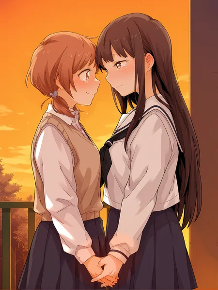 <lora:SDXL_kindred_spirits_on_the_roof__OkujÅ_no_Yurirei-san__å±ä¸ã®ç¾å:1> 
kd_vnstyle 2girls, (yuri), happy, love confession, embarrassed, looking at another, multiple girls, school uniform, outdoors, evening, orange sky, interlocked fingers, happy tears,
masterpiece,best quality,amazing quality,