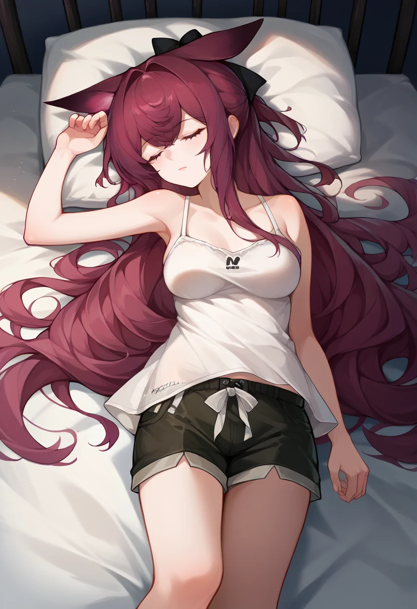 score_9, score_8_up, source_anime, 1girl, solo, RayArknights, animal ears, long hair, hair bow, sleepwear, camisole, shorts, on bed, night, <lora:ChamRayArknightsPonyXL:1>