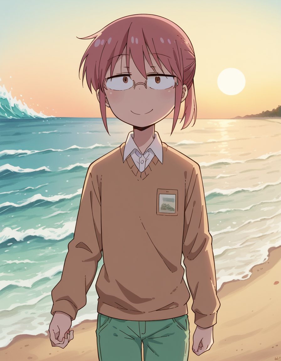 score_9, score_8_up, score_7_up, source_anime, <lora:dragon-kobayashi-s2-ponyxl-lora-nochekaiser:1>, kobayashi, ponytail, pink hair, glasses, short hair, brown eyes,, shirt, long sleeves, white shirt, collared shirt, pants, sweater, brown sweater, green pants,, beach, sunset, walking along shore, footprints in sand, waves, peaceful, smile, , v, v over eyes,, solo,, dutch angle,