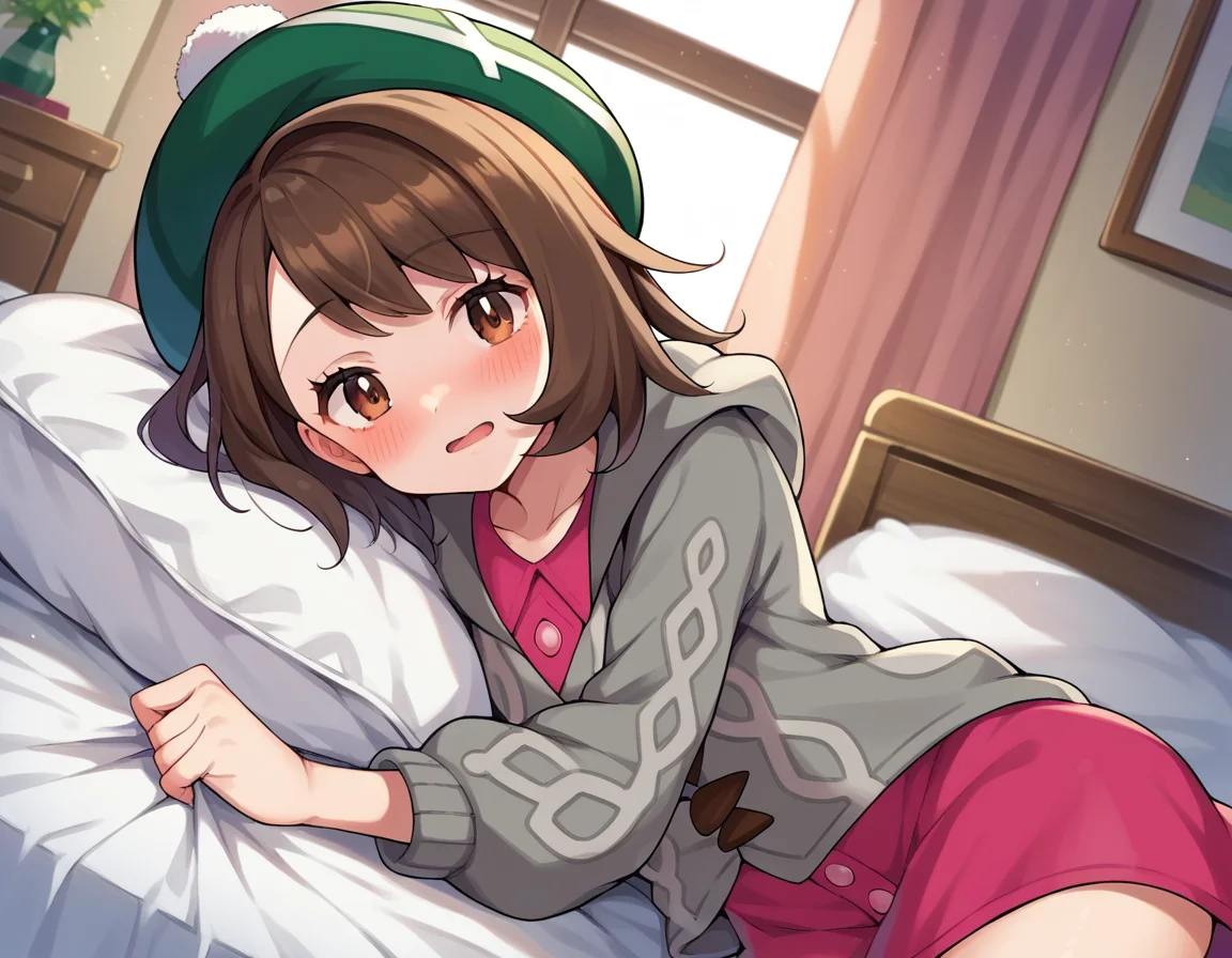 score_9, score_8_up, score_7_up, source_anime,
pokemongloria, <lora:pokemon-gloria-ponyxl-lora-nochekaiser:1>
pokemongloria, brown eyes, brown hair, medium hair,
cardigan, dress, green headwear, grey cardigan, hood, hood down, hooded cardigan, long sleeves, pink dress, short dress,
indoors, bed, bed room, on side, blush, drunk,
looking at viewer, cowboy shot, dutch angle,