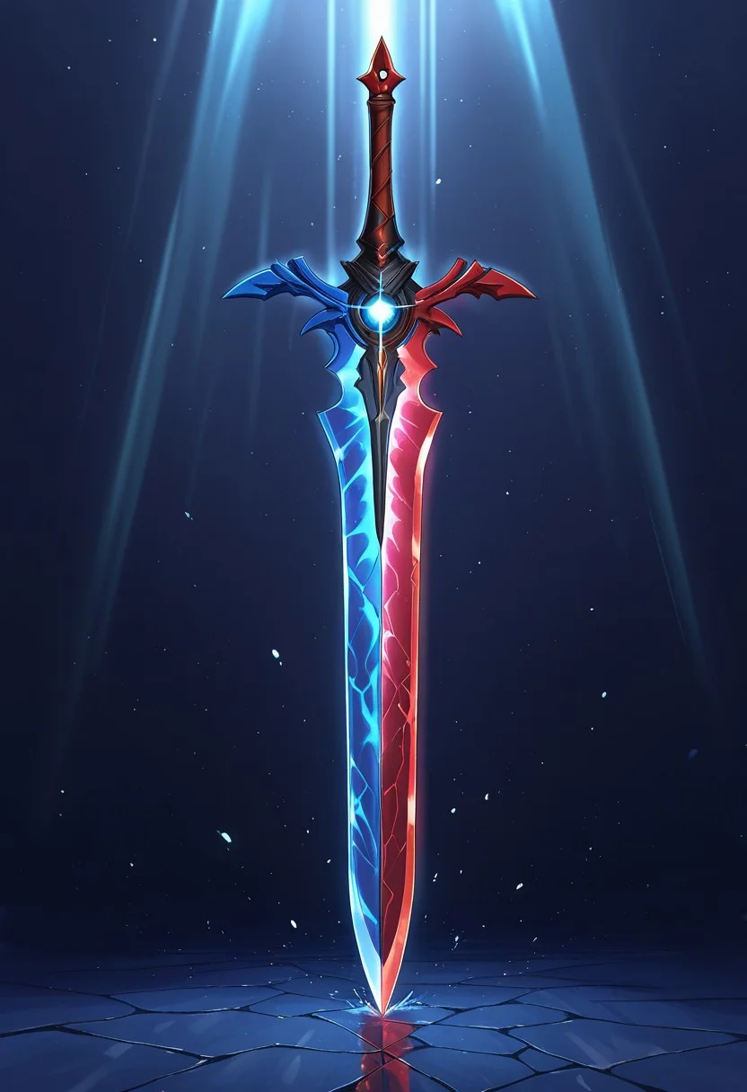 MASTERPIECE, AMAZING QUALITY, NO HUMANS, G0DSW0RD, TWO SIDES, FUSED SWORD, BLUE BLADE, RED BLADE,