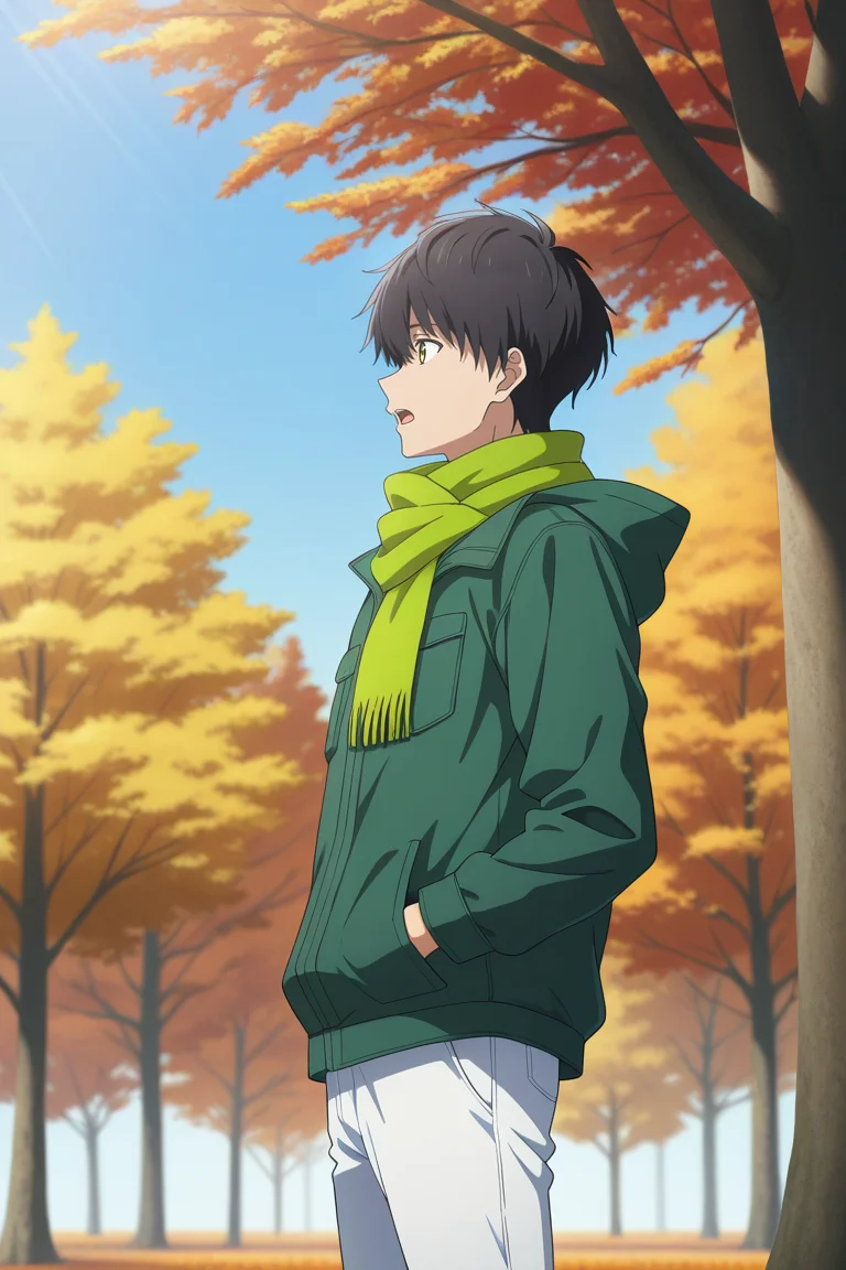 masterpiece, best quality, amazing quality, very aesthetic, high resolution, ultra-detailed, absurdres, newest, scenery, volumetric lighting, depth of field,anime screencap, , , 1boy, solo, male focus, <lora:kuro:0.72>, kuro sakuragawa,black hair,short hair,yellow eyes,open mouth, skirt, long sleeves,standing,green jacket, outdoors, sky, pants, day, hood,scarf line, tree, pocket, white pants, hand in pocket,autumn, branch, green scarf,from side