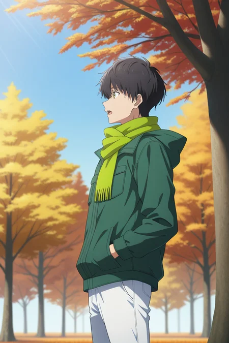 masterpiece, best quality, amazing quality, very aesthetic, high resolution, ultra-detailed, absurdres, newest, scenery, volumetric lighting, depth of field,anime screencap, , , 1boy, solo, male focus, <lora:kuro:0.72>, kuro sakuragawa,black hair,short hair,yellow eyes,open mouth, skirt, long sleeves,standing,green jacket, outdoors, sky, pants, day, hood,scarf line, tree, pocket, white pants, hand in pocket,autumn, branch, green scarf,from side
