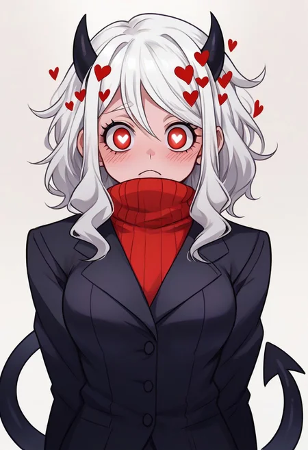 <lora:flattening-ponyxl-v1:1.3>, ,, Modeus_(Helltaker),horns, heart, demon girl, demon horns, heart-shaped pupils, symbol-shaped pupils, black horns, medium hair,demon tail, sweater, red sweater, tail, ribbed sweater, long sleeves, turtleneck, black jacket, formal, suit,, Anime eyes, anime face,<lora:add-detail-xl:0.7> <lora:xl_more_art-full_v1:0.1>