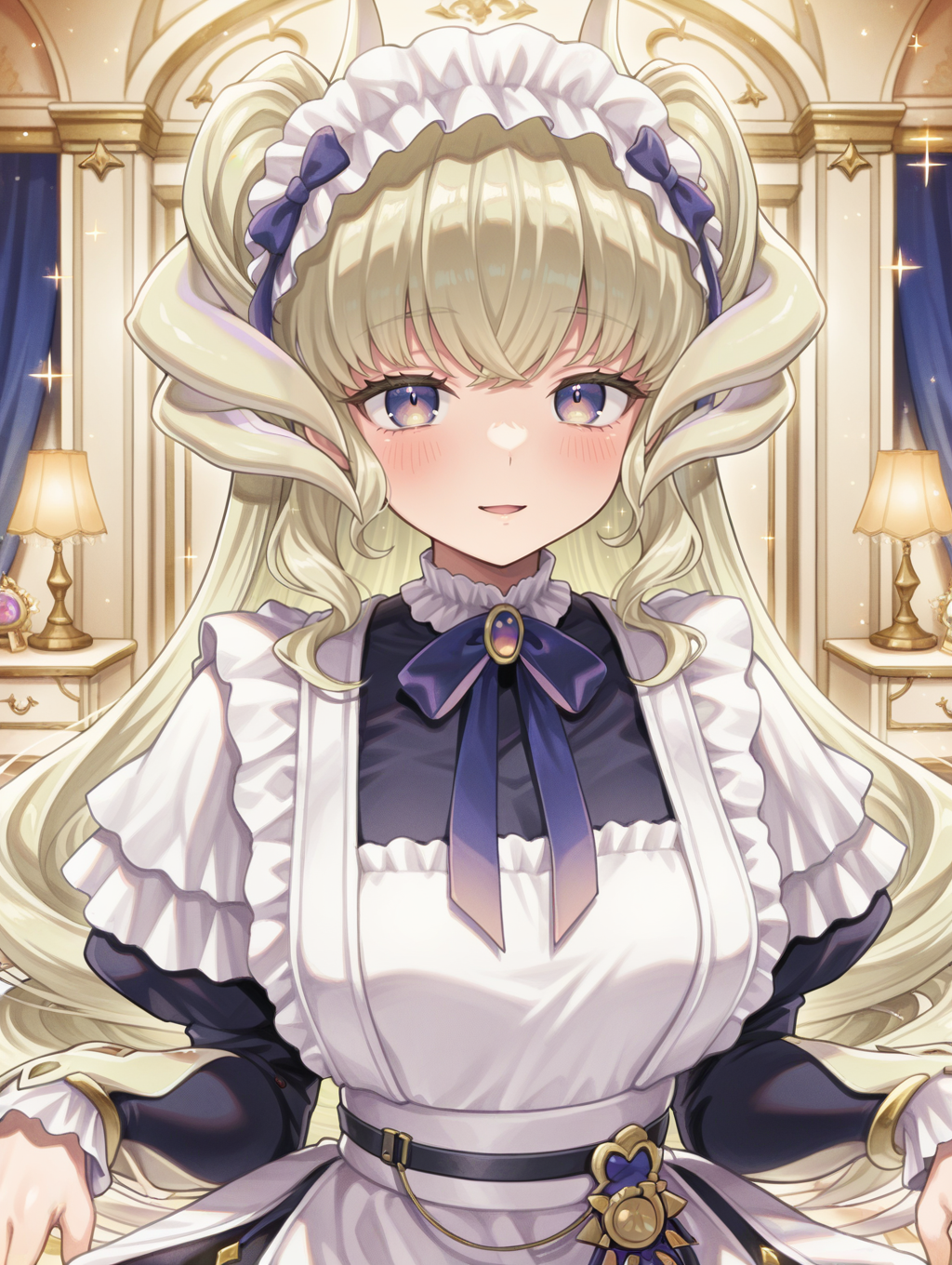 dragonmaid latys, 1girl, solo, looking at viewer, blush, upper body,  smile, open mouth, parted lips, white apron, blue maid dress, blue bow hairband, dragon girl, sparkle, dressing room, 
masterpiece,best quality,amazing quality,very aesthetic,absurdres,newest,<lora:Dragonmaid latys illuXL v1:0.77>,