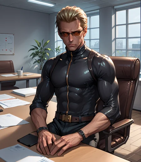 PonyScores7, source_anime, ah1, BREAK <lora:albertwesker-guy-PONYv1:0.8> albertwesker, albert wesker, 1boy, blonde, black gloves, (sunglasses:1.3), belt, black coat, black pants, looking at viewer, toned, athletic, fit, slicked back hair, black turtleneck, zipper, mature male, short hair, black boots, (werewolf cleanser, in enchanted gear with a silver spear and a heart of gold), (<lora:Meeting_Room:0.8> m33t1ng, meeting room, indoors, long table, chairs, window, office), ((Sleepy, Yawning droopy eyes glazed look suggesting drowsiness fatigue or sleepiness, expression)), (focused, intense glare), (reddish orange eyes, slit pupils), (angular face, sharp_featured face), handsome, charming, alluring, BREAK <lora:xl_more_art-full_v1:0.2>, <lora:shinyskin2:0.2> glistening skin, <lora:aesthetic_anime_v1s:0.2>, <lora:Expressive_H:0.2> Expressiveh, <lora:hairdetailpxl:0.2> hairdetailpxl, <lora:EpicF4nta5yXL:0.2>, <lora:detailxl:0.2> detailxl, <lora:Fant5yP0ny:0.2>, best quality, amazing quality, best aesthetic, absurdres, <lora:expressive eyes:0.2> expressive eyes, <lora:eyedetailpxl:0.2> eyedetailpxl, illustration, Volumetric_Lighting, ultra-detailed, very aesthetic, intricate details, 8k, masterpiece, best_quality, BREAK (Dutch Angle view medium Close shot (focus on knees)), BREAK <lora:Eyes_High_Definition:0.3> EyesHD, Stable_Yogis_PDXL_Positives, AS-Adult, <lora:Complicated fantasy portrait - XL Pony V2.0:0.4>, bad-hands-5, AS-MidAged,
