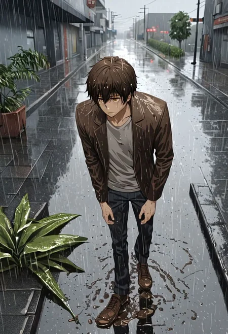 Highres, Masterpiece, High Quality, 4K, 8K, solo, 1Boy, Seiya Kanie, short dark brown hair, golden eyes, footpath, urban, wet, slippery, puddle, heavy rain, overcast, dark, drenched, weak, beaten, looking down, sad, wet hair, withered plants, easynegative, detailed_eye_model