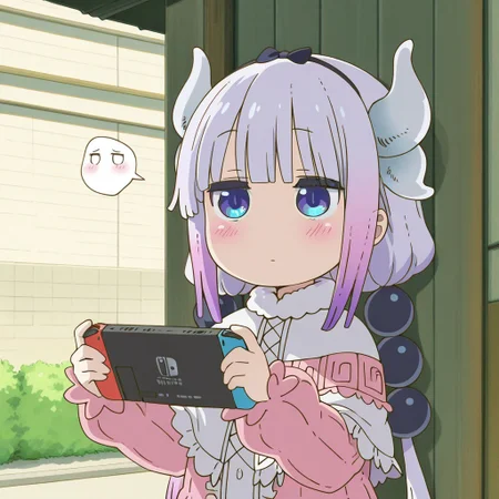 masterpiece, best quality, 1girl, solo, Kanna_Kamui, white hair, blue eyes, horns, long sleeves, pink clothes, blush, petite, blank expression, upper body, standing, outdoors, holding object, nintendo switch