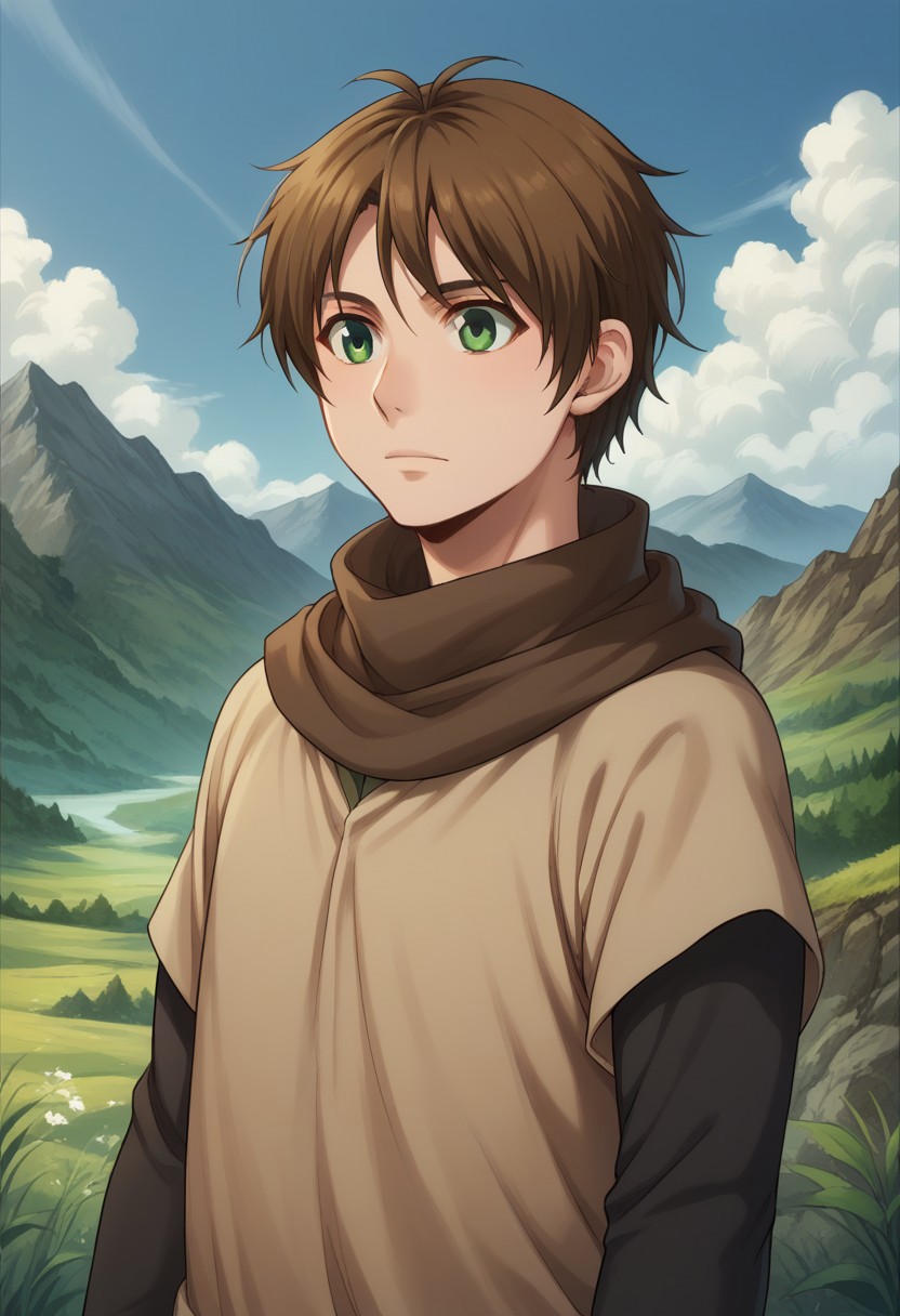 score_9, score_8_up, score_7_up, source_anime, highly detailed, 
elam, 1boy, male focus, solo, brown hair, green eyes, tunic, scarf, upper body, short over long sleeves,
outdoor, mountains, sky, clouds, wind,
