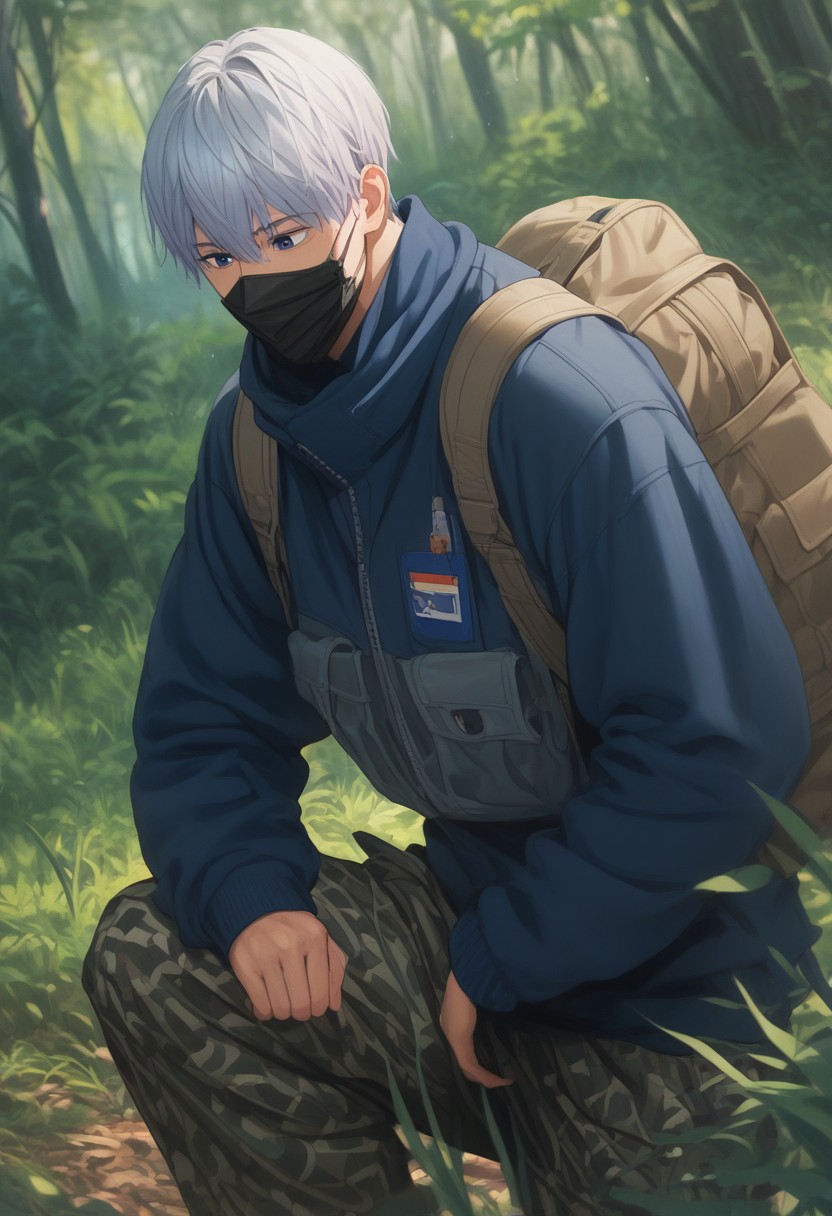 score_9, score_8_up, score_7_up, source_anime, rating_safe, ItsuomiASAff, grey Itsuomi hair, tan, blue Itsuomi eyes, 1boy, male focus, bag, long sleeves, camouflage pants, explorer outfit, mouth mask, legs spread, sweating, looking at another, arms support, cropped legs, 1leg raised, blurry outdoor forest, trees, leaves, solo focus, dutch angle, hands with five fingers, realistic shading,