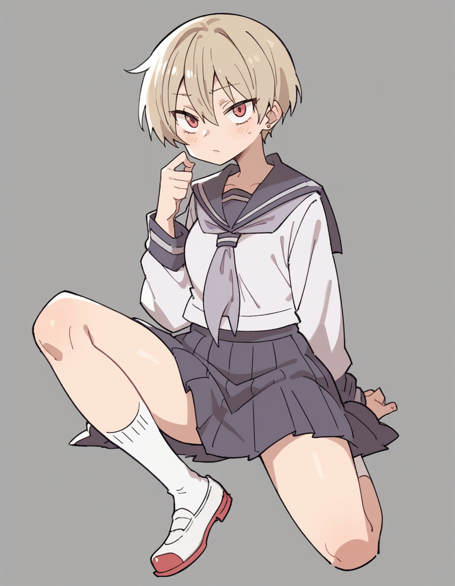 zPDXL, score_9, score_8_up, score_7_up, score_6_up, score_5_up, score_4_up, 1girl, solo,
 <lora:Maa:0.8> maa, flat color, serafuku, school uniform, pleated skirt, socks, white footwear, uwabaki, looking at viewer,