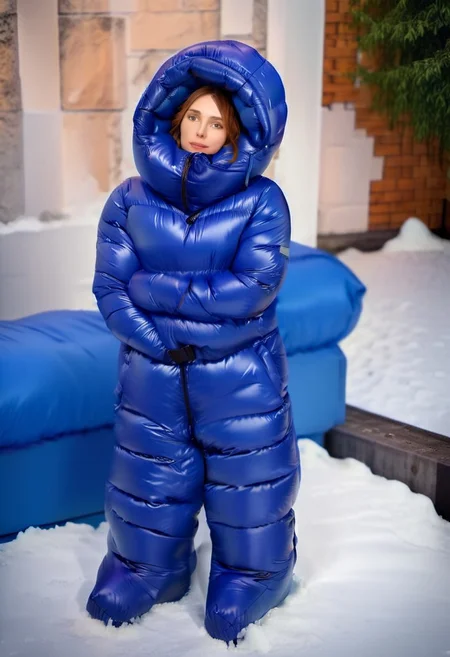 full body shot of one front cute, sweet woman, [person:0.75], radiating elegance and beauty. She is dressed in a mid blue ((hooded up ankle length very strait puffer closed downcoat)). The hood is fully closed, puffy down boots , puffy down gloves, closed flap of the hood, collar covering the mouth, ((High Yoked)). The lighting is mid, highlighting her features . Cinematic lighting, very cold, high resolution, winter fashion, realistic shading, , artstation, masterpiece. hd and high detailed clothing. down clothes by parkasite. sweetest, cutest.  (bokeh) <lora:Parkasite_v10:1.0> <lora:Segufix_V1_1:0.9>