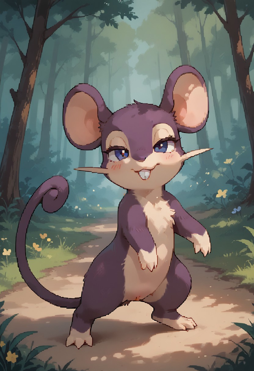 score_9, score_8_up, score_7_up, score_6_up, score_5_up, score_4_up, . A cute purple mouse rearing up on two legs staring at the viewer. Rampant. The background is a large forest in comparison to the small mouse. The mouse head is tilted as it observes the viewer. It's cute. Animal. Pretty mouse. Cute mouse animal. A literal mouse. (Cute. Petite. Feminine. Seductive pose. Bedroom eyes:1.4). Somewhat realistic. Rattata. Pokemon. Two-tone body fur.
