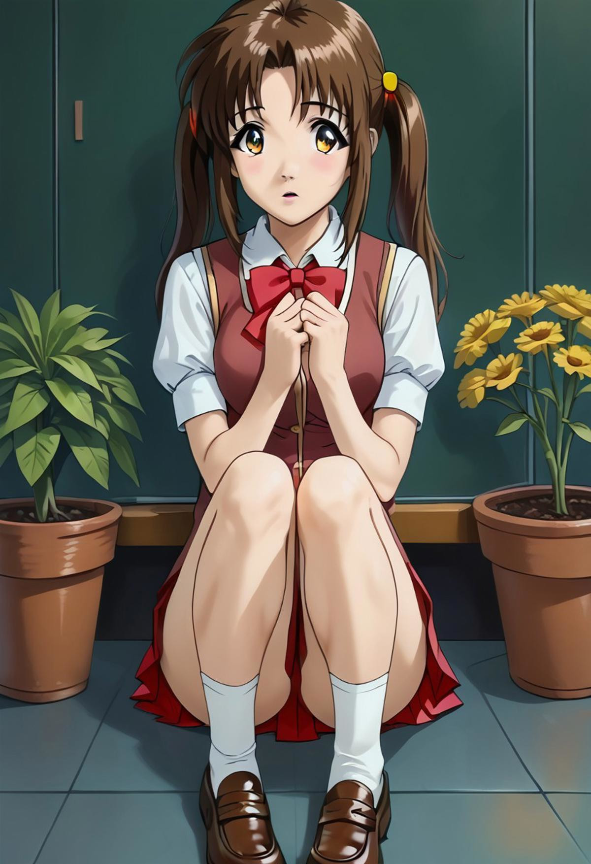 SCORE_9, SCORE_8_UP, SOURCE_ANIME, REALISTIC, HEAD FOCUS, FULL BODY, PORTRAIT, BREAK, 1FEMALE, SOLO, YUNA WAKAO, BROWN HAIR, TWINTAILS, HAIRTIE, AMBER EYES, AWE, EXITED, SCHOOLGIRL VEST, SHORT BALOONSLEEVES, BOWTIE, MINI SKIRT, SHIN SOCKS, BLACK LOAFERS, SHOWING SELF OFF, BREAK, SUNNY DAY, IN GREENHOUSE, GARDEN, HIGH RESOLUTION, VIVID TEXTURES