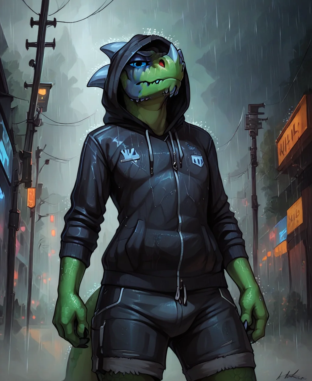 <lora:kabsraptorxl:0.85>, (hood up, cowl:1.1), detailed scales, cowboy shot, low angle, from below, anthro, raptor, vergence (kabscorner), hoodie, shorts, green body, blue eyes, (rain), exhausted, tired, bored, slumped over,
score_9, score_8_up, score_7_up, <lora:incase---1:0.3>, (dark atmosphere), riding down desolate road, city, detailed eyes, blue bike, highway, city in distant background, <lora:cr33pyXLP:0.3>, <lora:d4rk01lXLP:0.5>, cinematic lighting, dark emotional painting