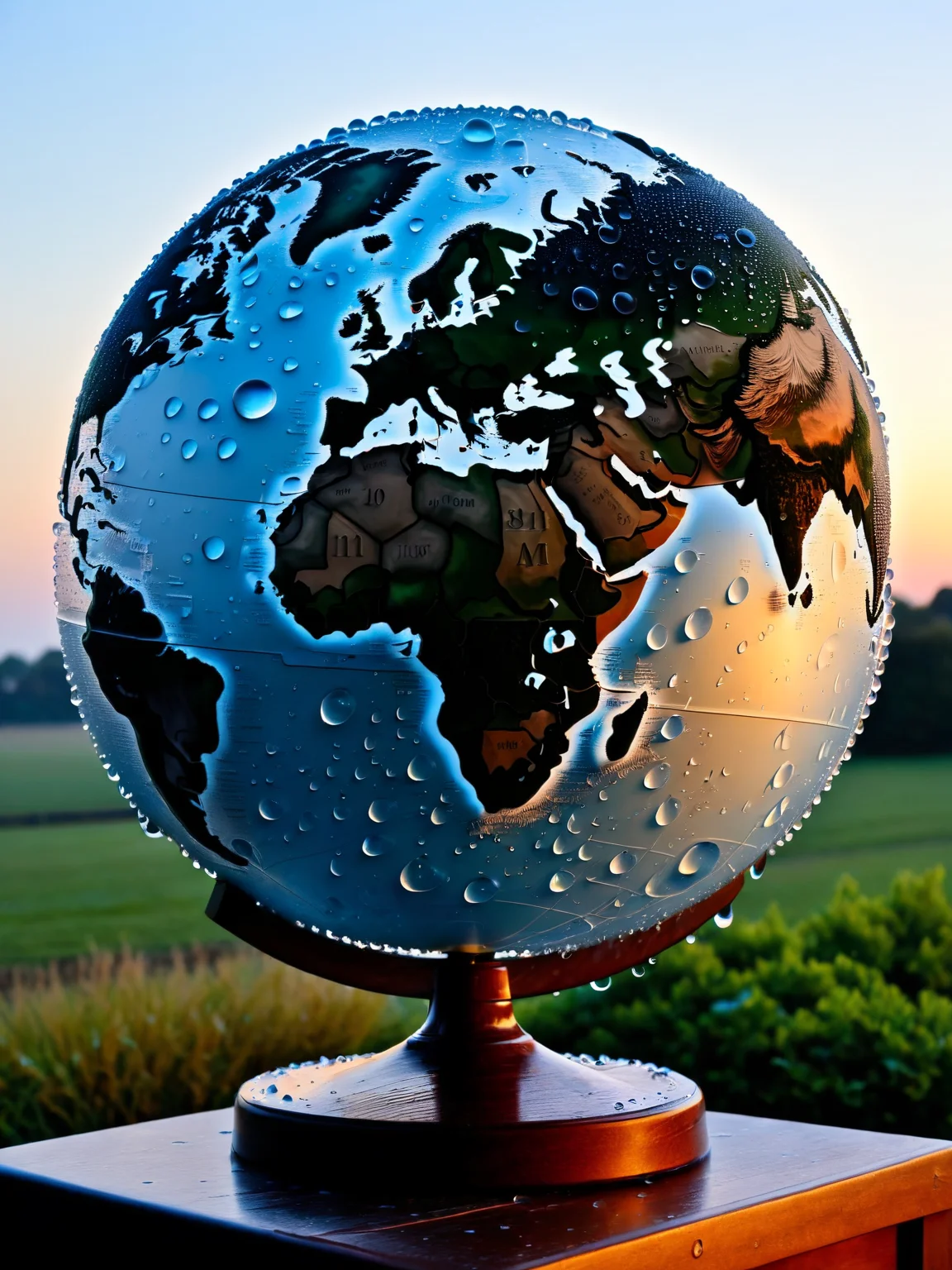 An ais-waterdrops globe, outdoors at dawn. <lora:Waterdrops_Style_SDXL:1>
