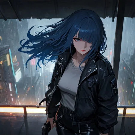 Very Aesthetic, masterpiece, best quality, very awa, Avarice, painterly, 1girl, long hair, bangs over eye, neon blue hair, black jacket, grey shirt, black leather pants, pistol, rain, cyberpunk, soft shadows, film grain,