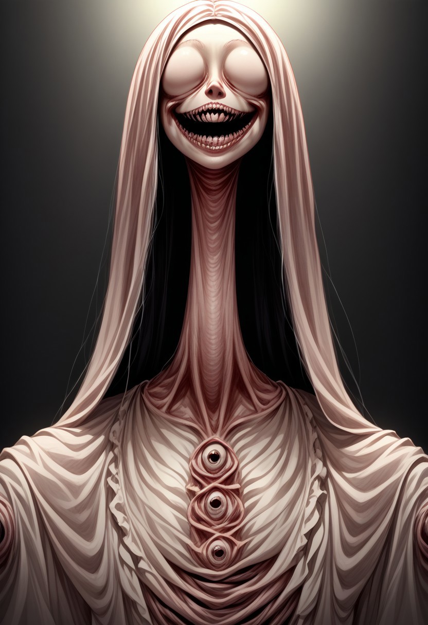 score_9, score_8_up, score_7_up, source_anime, solo, Nightmarish Jessica Rabbit, (looking towards the viewer, face view, close up face, head shot, face portrait:1.4), (long arms, long legs, long neck, horror, no eyes, no face, large mouth, creepy smile, skinny, bones, Victorian gown:1.5), close face view, (indirect lighting, dynamic lighting:1.4), simple background, (detailed image, high resolution, 5k resolution:1.0), VikingAnime, (cute Art Style:1.2)