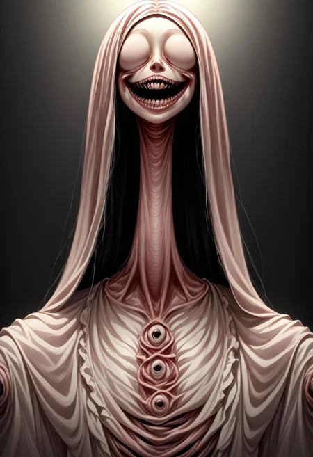 score_9, score_8_up, score_7_up, source_anime, solo, Nightmarish Jessica Rabbit, (looking towards the viewer, face view, close up face, head shot, face portrait:1.4), (long arms, long legs, long neck, horror, no eyes, no face, large mouth, creepy smile, skinny, bones, Victorian gown:1.5), close face view, (indirect lighting, dynamic lighting:1.4), simple background, (detailed image, high resolution, 5k resolution:1.0), VikingAnime, (cute Art Style:1.2)