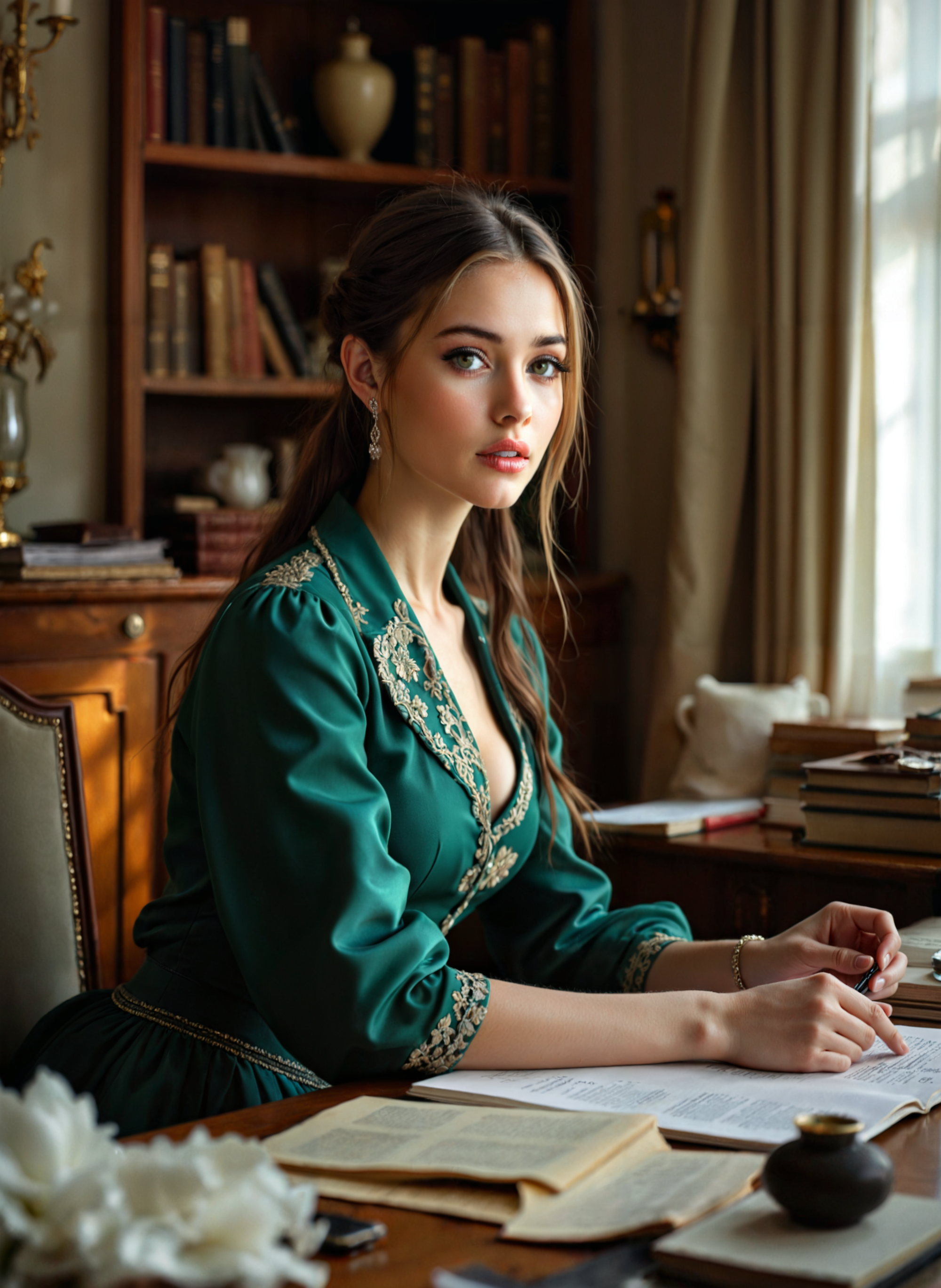 cinematic film still a young woman sitting at a desk in a room with a bookshelf and a window in the background. She is wearing a green dress with gold embroidery and has long brown hair styled in loose waves. The woman is holding a pen and appears to be writing or drawing on a piece of paper. There are several books and papers scattered on the desk in front of her, and a vase of white flowers on the table. The room is decorated with a chandelier and other decorative items. The overall mood of the image is elegant and sophisticated. Shallow depth of field, vignette, highly detailed, high budget, bokeh, cinemascope, moody, epic, gorgeous, film grain, grainy. <lora:add-detail-xl:.5>  <lora:Flux-style-xl-lora:.5>