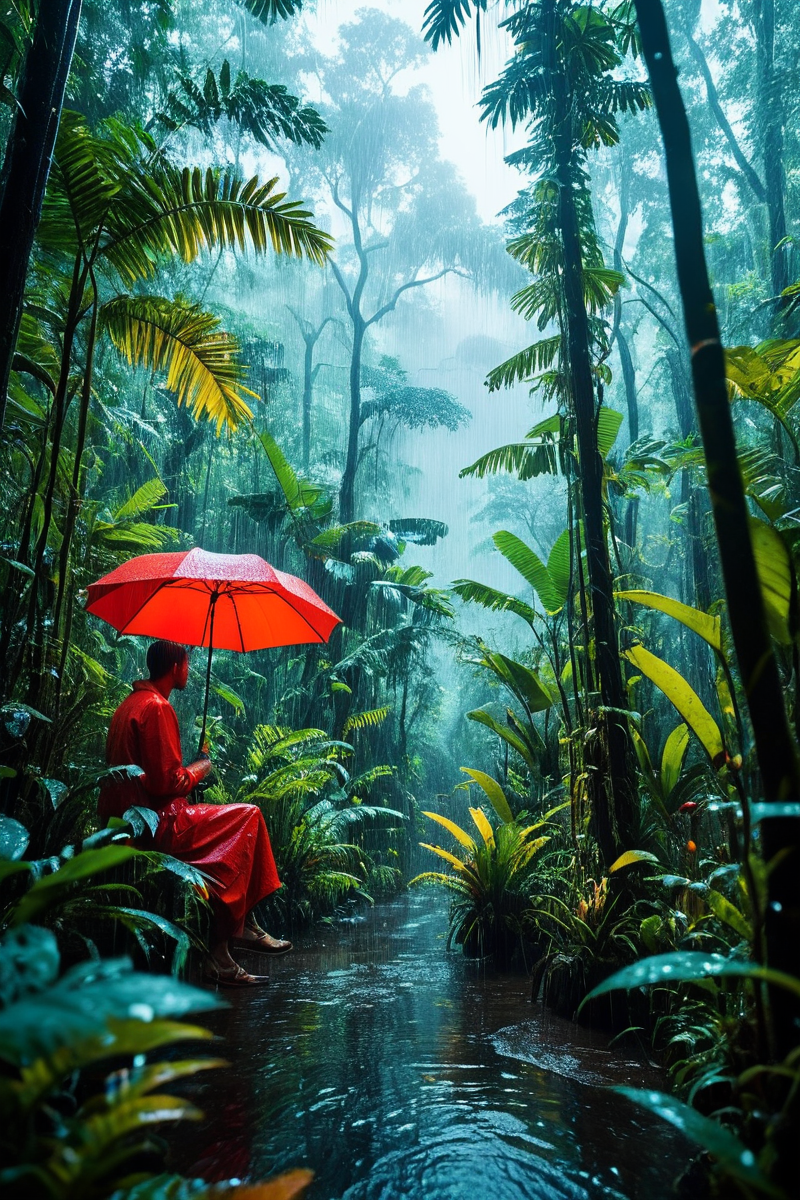 (((a dense rainforest, with towering trees, thick foliage, vibrant wildlife, and constant rain))), Bold Primary Colors, Playful Vibe: vibrant lighting, primary colors, sharp focus, playful ambiance, fun elements, bold textures, energetic look, lively atmosphere, vibrant aesthetics, capturing joy, playful emotions, dynamic scenes, artistic feel, storytelling through colors, professional technique, striking visuals, creative concept, whimsical approach, lively styling, cheerful environment, surreal aesthetics, captivating narratives, intricate details, playful landscape, editorial storytelling, vibrant glows, evoking happiness, pushing creative boundaries <lora:add-detail-xl:2> <lora:Cosine_freck:1>