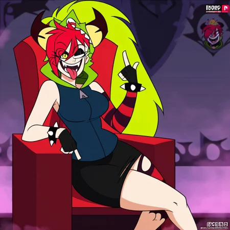 demencia, red hair, green ponytail, striped thighhighs, single striped sock, anklet, green monster hood, yellow eyes, sharp teeth, dark blue hoodie, single striped sleeve, red sneaker, blue sneaker, black skirt, smile, eyeshadow, spiked bracelet, zipper pull tab, torn pantyhose, glove, tongue out, solo, solo female, sitting, throne, happy, social Media, streaming online, streaming live, using donations for more surrogacy, thick legs thick thighs, thick ass, curvy ass, large ass, large hips, large breasts, evil smile, grin, super crown