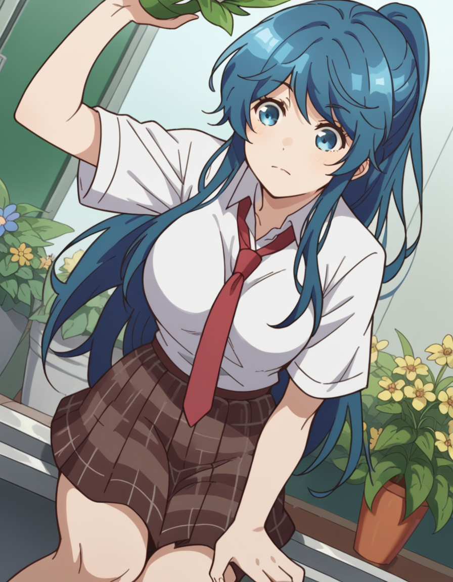 score_9, score_8_up, score_7_up, source_anime, <lora:minami-nanami-s1-ponyxl-lora-nochekaiser:1>, minami nanami, long hair, blue eyes, blue hair, ponytail, sidelocks, large breasts,, skirt, shirt, school uniform, white shirt, short sleeves, necktie, plaid, plaid skirt, red necktie, brown skirt,, gardening, watering plants, backyard, flowers blooming, sunny day,, , , knee bent, hand on knee, arm out to side, solo,, cowboy shot, dutch angle