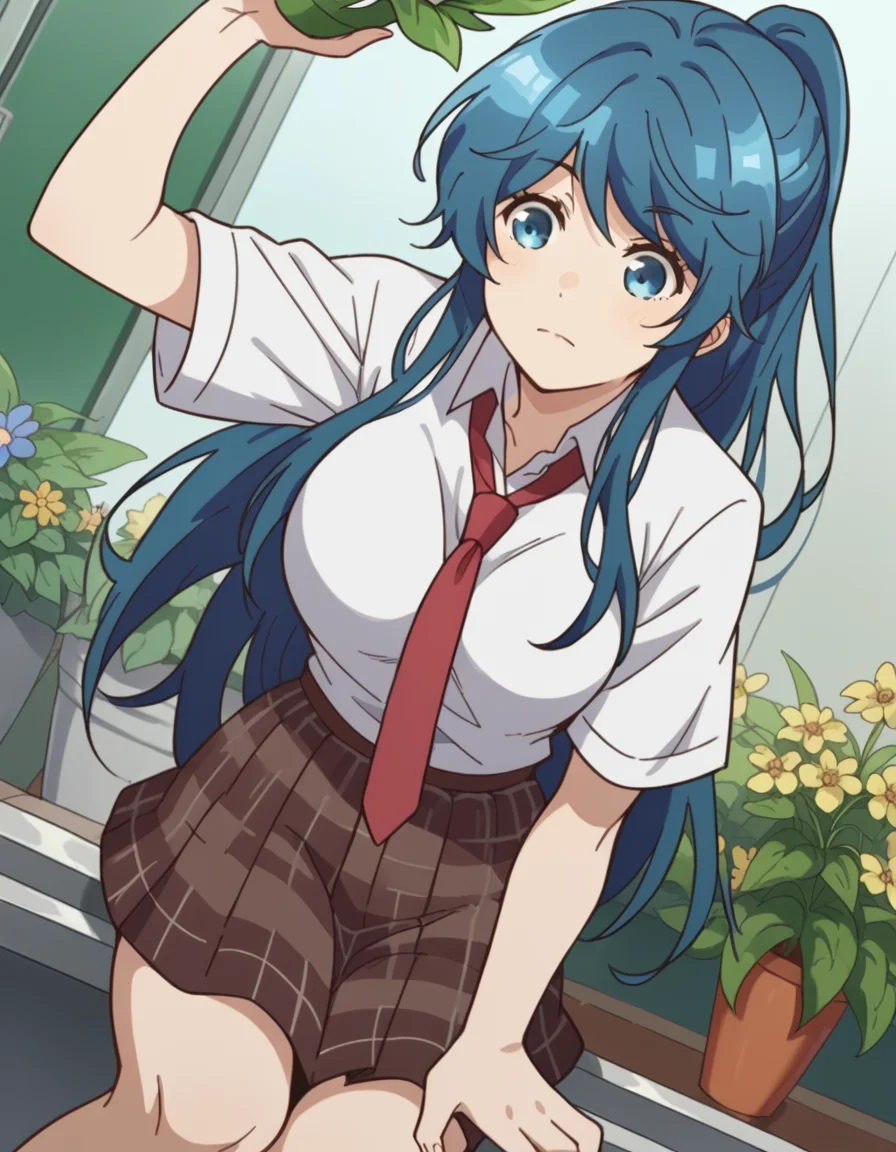 score_9, score_8_up, score_7_up, source_anime, <lora:minami-nanami-s1-ponyxl-lora-nochekaiser:1>, minami nanami, long hair, blue eyes, blue hair, ponytail, sidelocks, large breasts,, skirt, shirt, school uniform, white shirt, short sleeves, necktie, plaid, plaid skirt, red necktie, brown skirt,, gardening, watering plants, backyard, flowers blooming, sunny day,, , , knee bent, hand on knee, arm out to side, solo,, cowboy shot, dutch angle