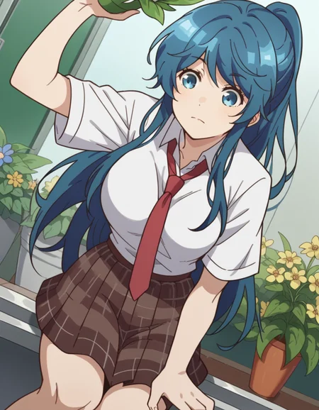 score_9, score_8_up, score_7_up, source_anime, <lora:minami-nanami-s1-ponyxl-lora-nochekaiser:1>, minami nanami, long hair, blue eyes, blue hair, ponytail, sidelocks, large breasts,, skirt, shirt, school uniform, white shirt, short sleeves, necktie, plaid, plaid skirt, red necktie, brown skirt,, gardening, watering plants, backyard, flowers blooming, sunny day,, , , knee bent, hand on knee, arm out to side, solo,, cowboy shot, dutch angle