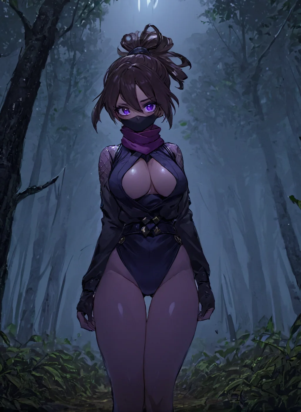 <lora:Ninja_XL:1.25> ninja, full body, wearing a scarf, masked, (classic costume:1.25), (masterpiece), best quality, highres, 4k, 8k, cinematic lighting, amazing quality, amazing shading, soft lighting, Illustration, official artwork, anime style, wallpaper, official art, 1girl, Top knot, large_teardrop_breasts, Stocky body, purple eyes, Brown highlights hair, forest, ultra detailed skin, ultra detailed face, perfect eyes, small skin imperfections, gloomy colors, dark aura, horror