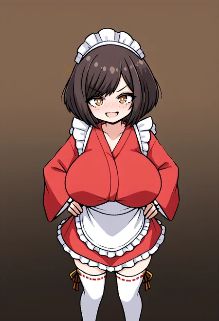 score_9, score_8_up, BREAK
blush,
1girl, tildevtuber, dark brown hair, freckles, bob cut, short hair, swept bangs, thighhighs, frills, kimono, apron, maid headdress, white apron, frilled apron, red kimono, huge breasts, close up, portrait, open mouth, looking at viewer, seductive smile, v shaped eyebrow, hands on hips, white thighhighs
<lora:InksgirlsLion2:1>  <lora:TildeLora:0.7>