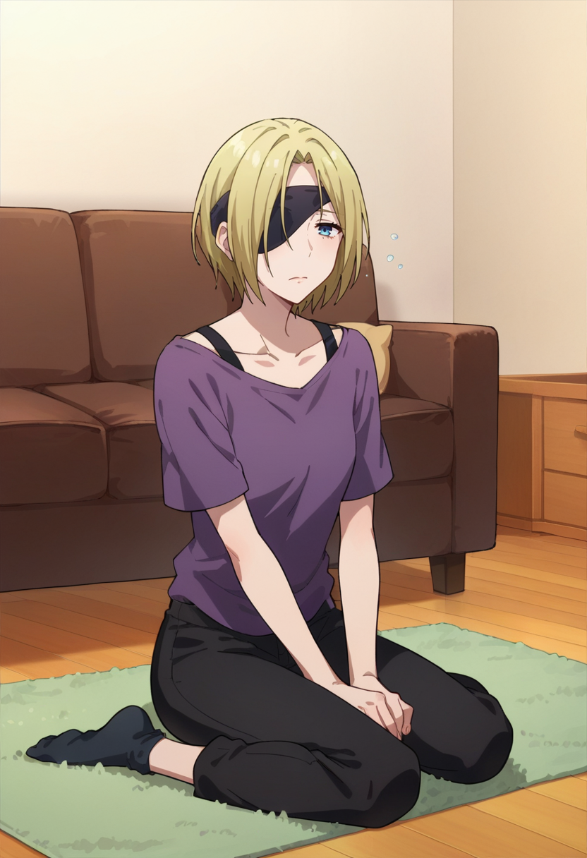 score_9,score_8_up,score_7_up,score_6_up,score_5_up,score_4_up,anime coloring,source_anime,<lora:K.K._Kekkai_Sensen_Pony:0.8>,kk,1girl,blue eyes,blonde hair,short hair,eyeband,purple shirt,black pants,black socks,sleepy,sitting,indoors,room,carpet,couch,