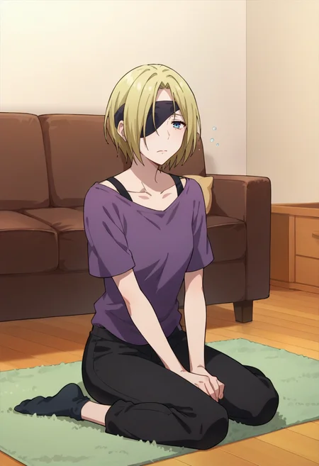 score_9,score_8_up,score_7_up,score_6_up,score_5_up,score_4_up,anime coloring,source_anime,<lora:K.K._Kekkai_Sensen_Pony:0.8>,kk,1girl,blue eyes,blonde hair,short hair,eyeband,purple shirt,black pants,black socks,sleepy,sitting,indoors,room,carpet,couch,