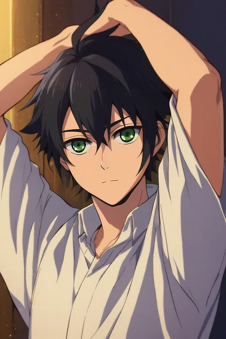 score_9, score_8_up, score_7_up, source_anime, , (realistic:0.6), looking at viewer, upper body, , 1boy, solo, male focus, <lora:yuuichirou_hyakuya_pony:0.76>, yuuichirou_hyakuya, black hair, green eyes, short hair, hair between eyes, , , Arms raised in victory or celebration, <lora:sdxl_lightning_8step_lora:1>