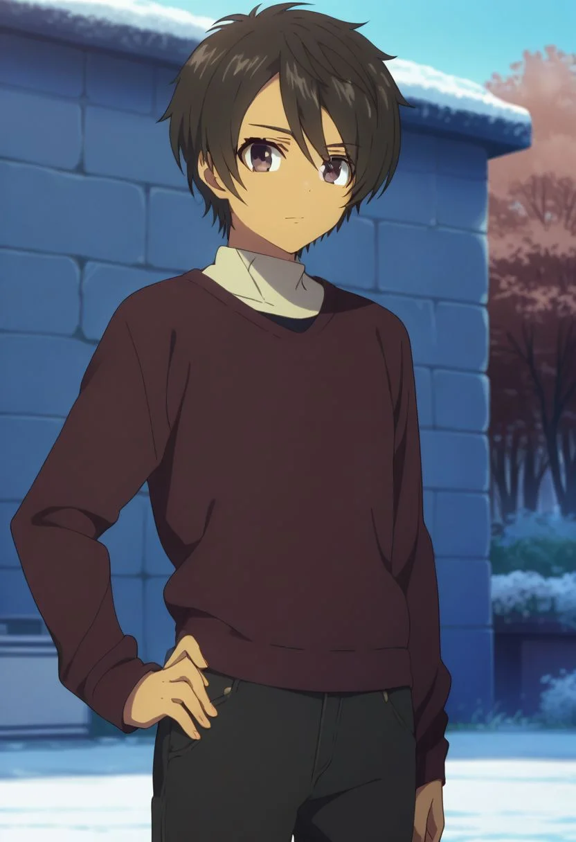 score_9, score_8_up, score_7_up, source_anime, highly detailed,
tsumugu, 1boy, male focus, solo, hand on hip, pants, looking at viewer, sweater, dark skin, long sleeves, black eyes, dark brown hair,upper body,
outdoor,