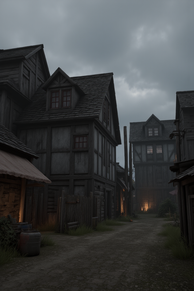 3DGame,The image portrays a desolate,old-world village scene under a somber,overcast sky. The architecture is characterized by half-timbered buildings with weathered facades,suggesting a setting from a bygone era. The street is narrow and flanked by aged wooden structures,some with sloping roofs and others with exposed beams,indicating a rustic and perhaps impoverished community.,
There are no visible people,adding to the atmosphere of *********** and solitude. Barrels and a makeshift wooden fence are scattered along the path,hinting at a lack of maintenance and order. The color palette is muted,dominated by grays,browns,and dull greens,which enhances the feeling of desolation and neglect.,