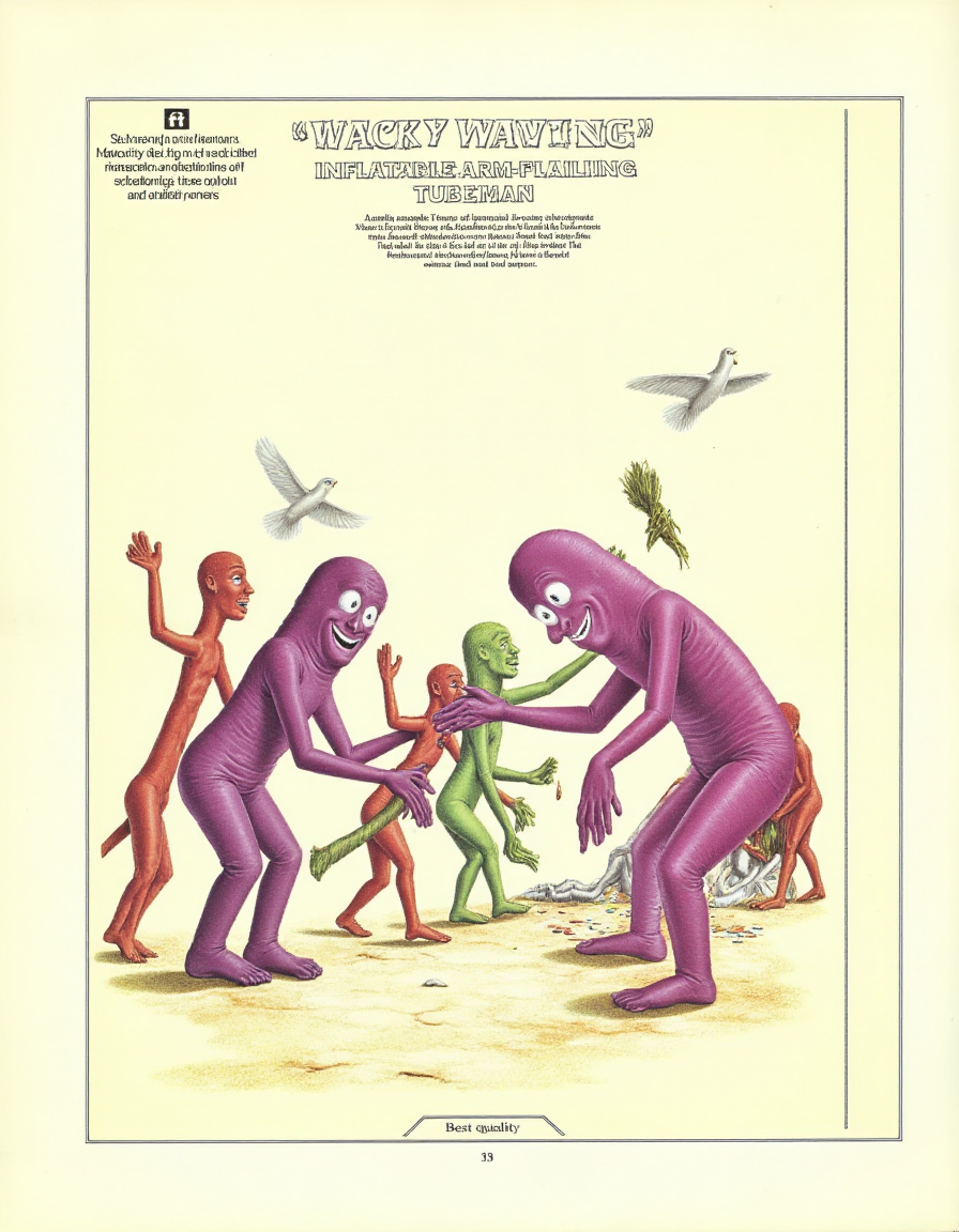 best quality, masterpiece (quality),
inflatable, ping and purple tube man, diagram,  inset text, ancient symbols, 
colorful tube people, gathering food while leaning over,
page title text is "WACKY WAVING INFLATABLE ARM-FLAILING TUBEMAN"
<lora:AfterMan-flux-v1:1> <lora:inflatable_tube_man-flux-v1:1>