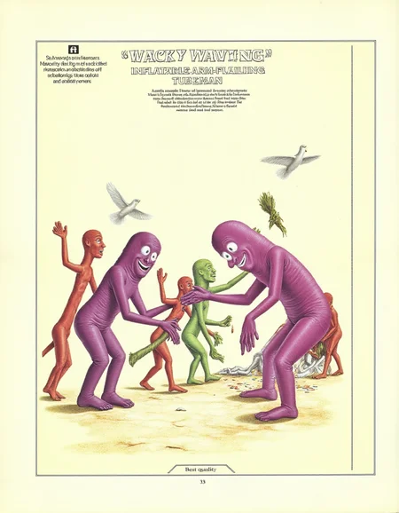 best quality, masterpiece (quality),
inflatable, ping and purple tube man, diagram,  inset text, ancient symbols, 
colorful tube people, gathering food while leaning over,
page title text is "WACKY WAVING INFLATABLE ARM-FLAILING TUBEMAN"
<lora:AfterMan-flux-v1:1> <lora:inflatable_tube_man-flux-v1:1>