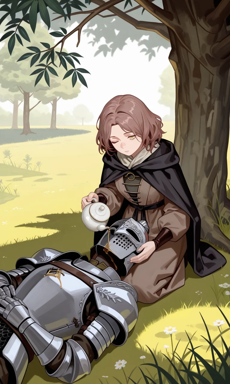 embedding:IllusP0s, sa1t, painterly, (1boy, 1girl:1.2), melina \(elden ring\), kneeling, knight, full face helmet, armor, lap pillow, lying, on back, one eye closed, looking down, expressionless, yellow eyes, holding teapot, pouring, pouring onto another's helmet, from above, high angle, contrast lighting, tree, grass,<lora:sait.safetensors:1.3:1.3>