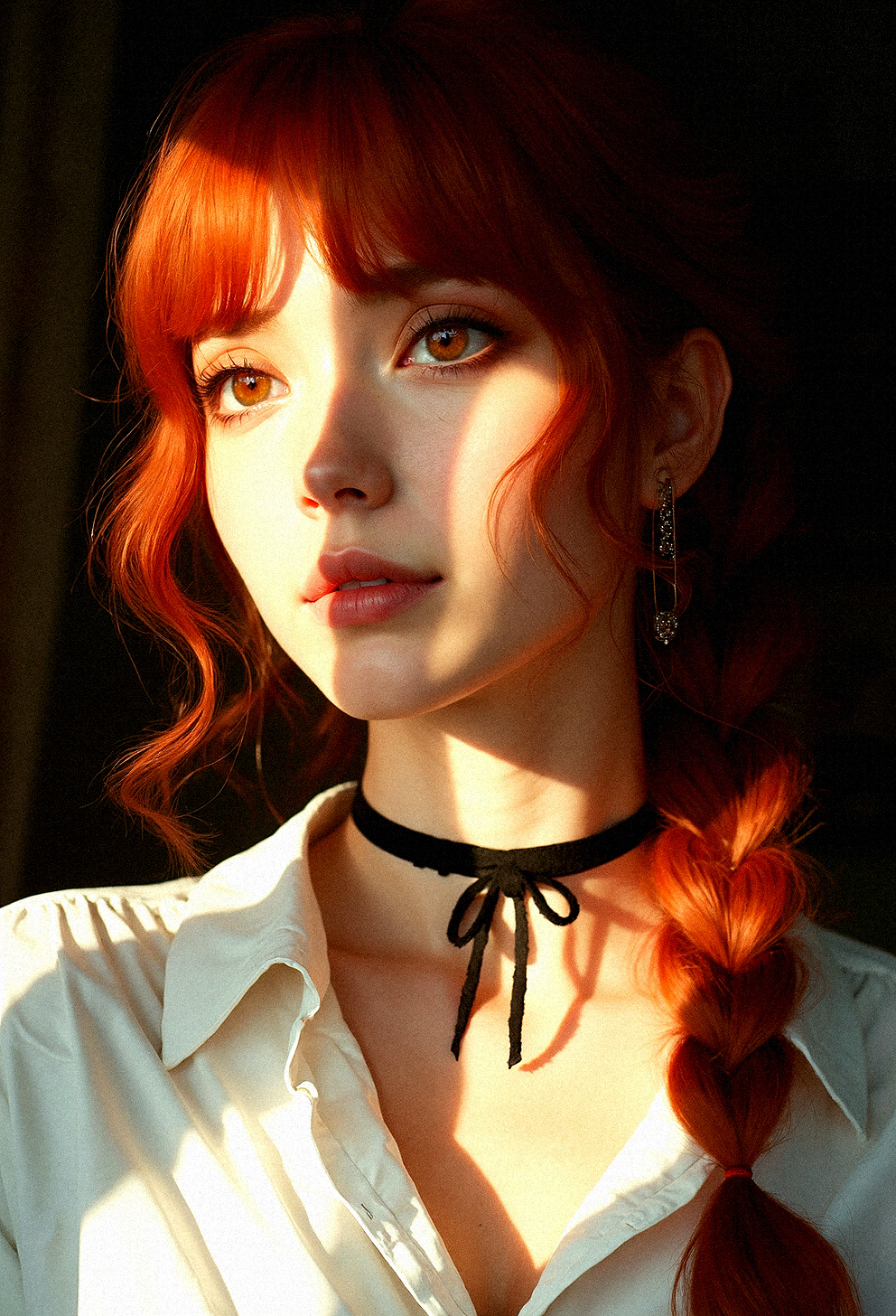  an ultra-realistic close-up image of a red-haired woman with bangs,  warm, amber eyes and a relaxed, introspective expression. Her hair is neatly braided and drapes over her shoulder, catching the sunlight that filters through an unseen window, giving her hair a rich, fiery glow. Her attire consists of a slightly unbuttoned white shirt that hints at an easygoing, yet polished style, with a black tie hanging loosely around her neck and a slim black choker accentuating her neckline. Her fair skin is illuminated by the soft, natural light, highlighting the faint blush on her cheeks and the fine details of her complexion. The background should be minimal, softly blurred to keep the focus on her expressive face and the gentle interplay of light and shadow. The overall mood is calm and intimate, with a focus on achieving a high level of photorealism that captures every detail, from the texture of her skin to the delicate strands of her hair.





