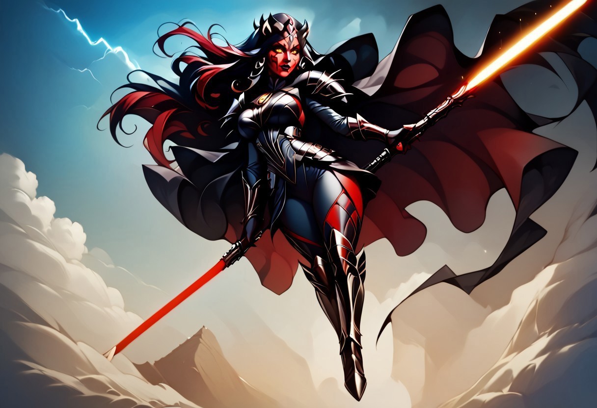 safe_pos, score_9,score_8_up,score_7_up,score_6_up,score_5_up, "Create an action-packed, anime-style poster of a fierce female Zabrak Sith Lord from the Star Wars universe. She has red skin with intricate Sith tattoos, glowing yellow eyes, and long, sharp horns crowning her head. She's in a dynamic pose, leaping through the air with her crimson lightsaber ignited, cutting through sparks and smoke. Her dark, flowing robes and battle armor cling to her toned body, blending seductive allure with lethal power. In the background, a stormy sky filled with lightning highlights an intense battle, with distant starships and explosions framing the chaos. The scene radiates both elegance and brutality, evoking the epic scale of a movie poster, with movie credits and multiple people, movie poster,"